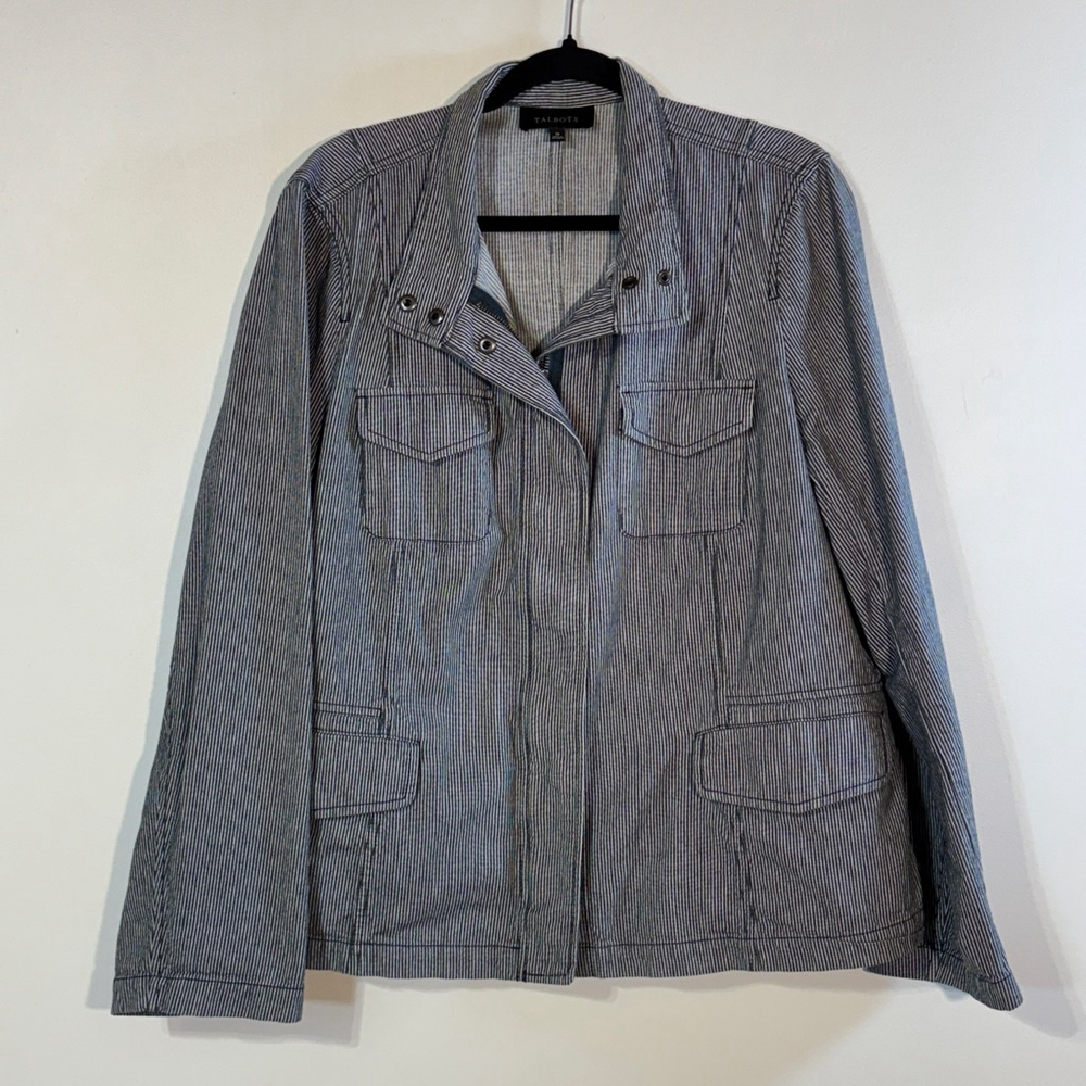 Talbots Blue White Striped Utility Jacket Women’s Size 18 Snap Front Pockets Zip